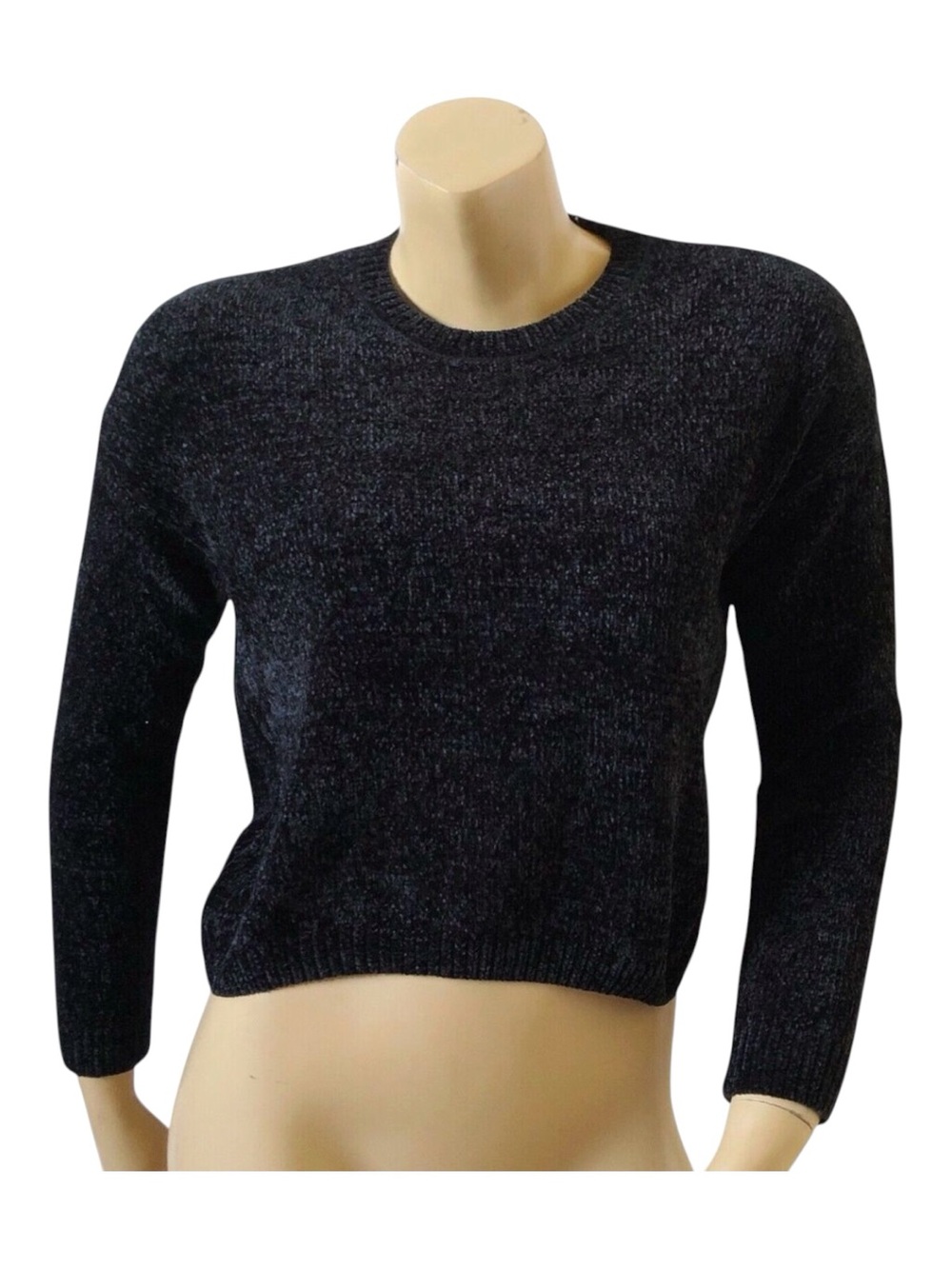 Hazel Moon Sweater Womens Small Black Cropped Chenille Crew Neck Long Sleeve